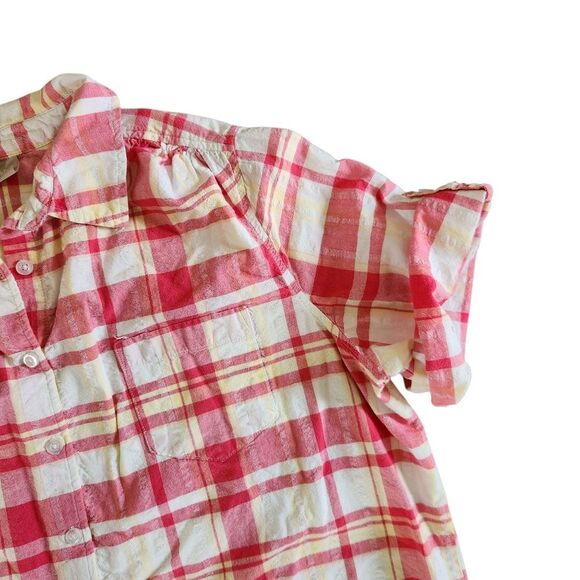 Woman Within Plaid Shirt 1X 22 24 Pink White Yellow Short Sleeve Roll Tab Check - Picture 5 of 9